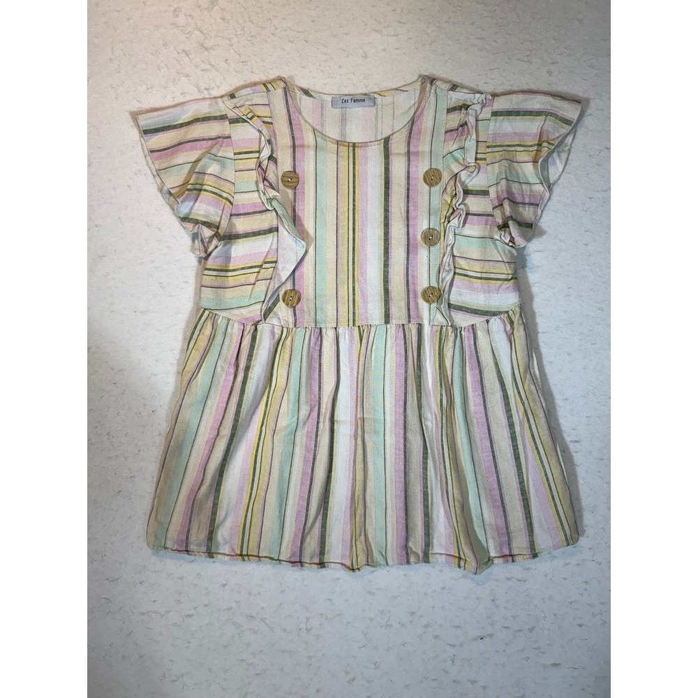 Ces Femme Womens Pastel Striped Babydoll Top Flutter Sleeve Linen Blend Small